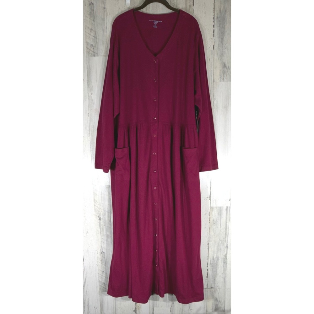 Only Necessities Loungedress 2X Magenta Ribbed Snap Front Maxi Nightgown READ
